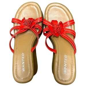 WANTED Red Flower Faux Woodgrain Wedge Open Toe Sandals 8.5